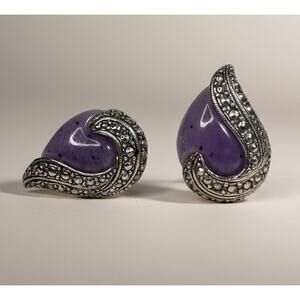 Vintage Purple Cabochon Marcasite Style Clip On Earrings Silver Tone Statement